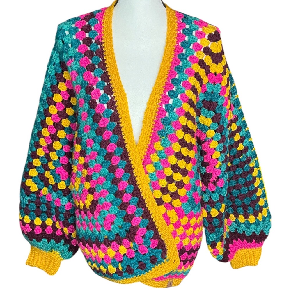 Handmade Multicolor Crochet Granny Hexagon Cardigan Women Large Oversized Boho